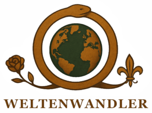 Logo mit einer Schlange, die einen Kreis bildet und eine stilisierte Erde im Zentrum umschlingt, links eine Rose und rechts eine Lilie, darunter das Wort WELTENWANDLER in Großbuchstaben.