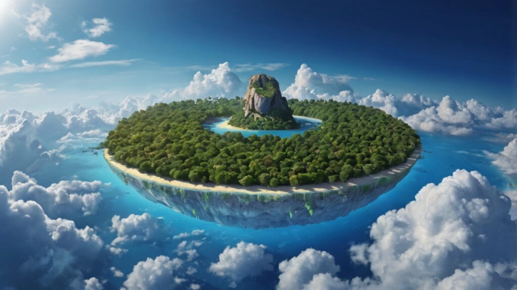 eine blaue Insel schwebt im Himmel