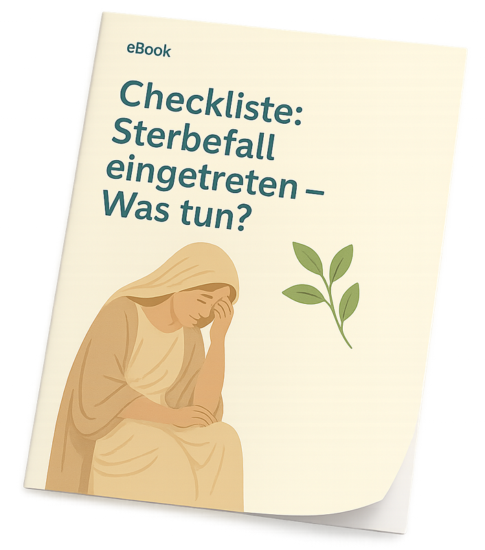 Titelseite eines eBooks mit dem Titel 'Checkliste: Sterbefall eingetreten – Was tun?' und einer Illustration einer traurigen, in sich gekehrten Frau sowie einem Zweig mit grünen Blättern auf cremefarbenem Hintergrund